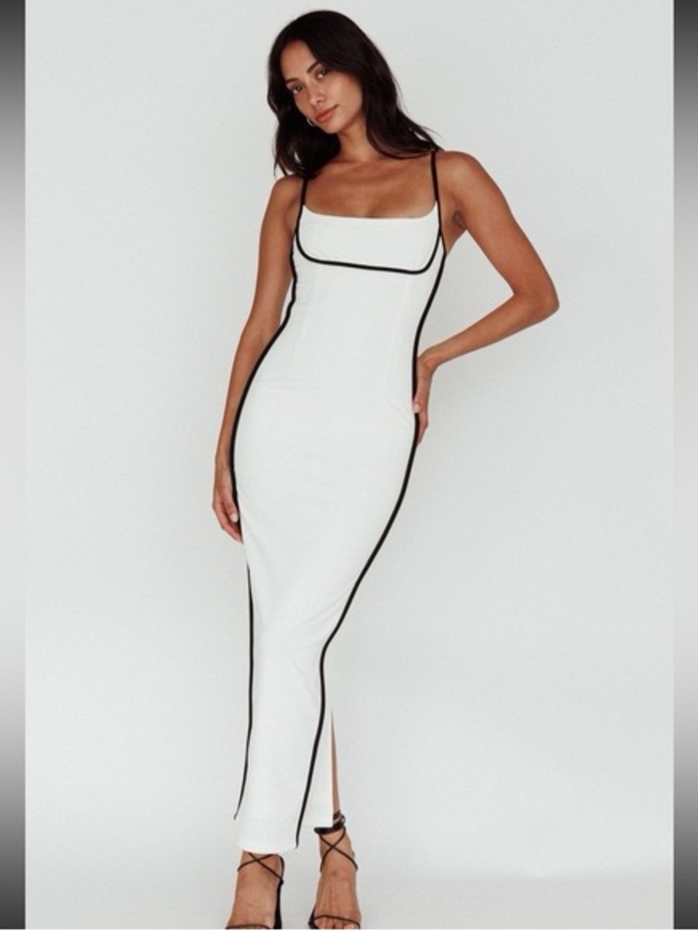 Selfie Leslie White Midi Slip Dress with Black Trim